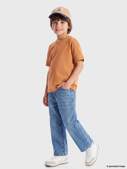 LCW Kids İndigo Beli Lastikli Wide Leg Fit Erkek Çocuk Jean Pantolon