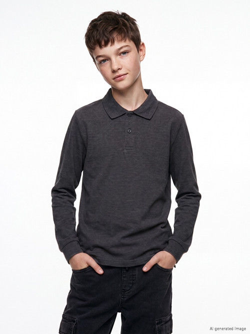 LCW Kids Gri Polo Yaka Uzun Kollu Erkek Çocuk Tişört