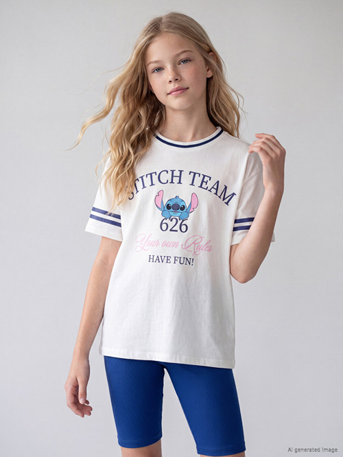 LCW Kids Beyaz Stitch Baskılı Kız Çocuk Tişört