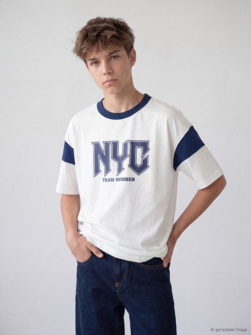 LCW Kids Beyaz Bisiklet Yaka Nyc Baskılı Erkek Çocuk Tişört
