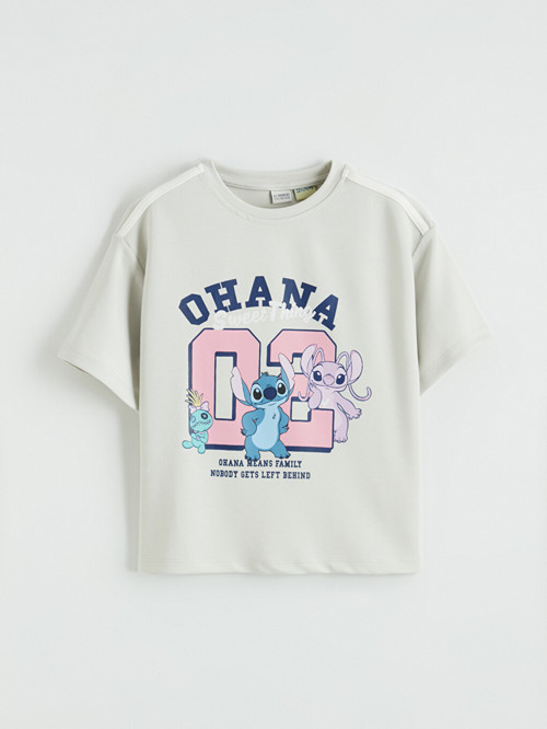 LCW Kids Gri Stitch Ve Angel Baskılı Kız Çocuk Soft Touch Tişört