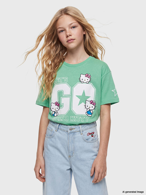 LCW Kids Yeşil Bisiklet Yaka Hello Kitty Baskılı Kız Çocuk Tişört