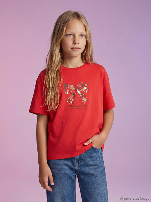 LCW Kids Kırmızı Bisiklet Yaka Baskılı Kız Çocuk Tişört