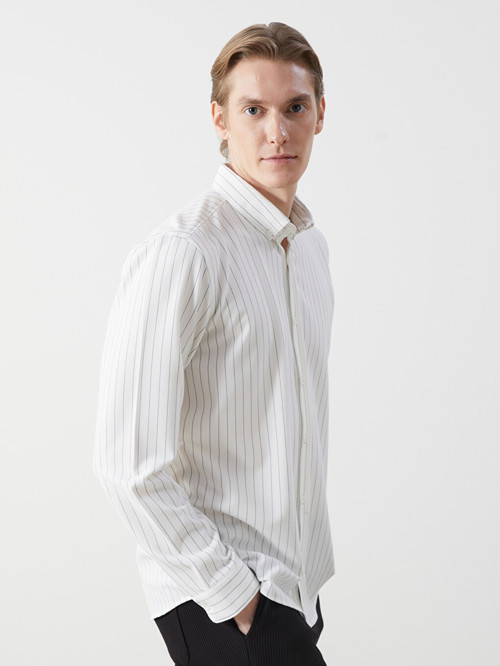 LCW Vision Ekru Slim Fit Uzun Kollu Çizgili Armürlü Erkek Gömlek