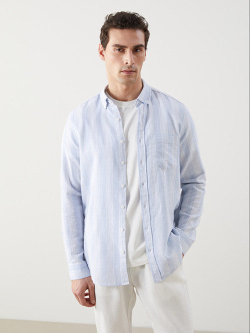 LCWAIKIKI Classic Mavi Regular Fit Uzun Kollu Çizgili Erkek Gömlek