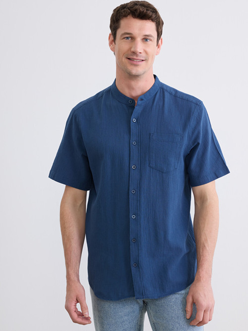 LCWAIKIKI Classic İndigo Regular Fit Keten Görünümlü Erkek Gömlek