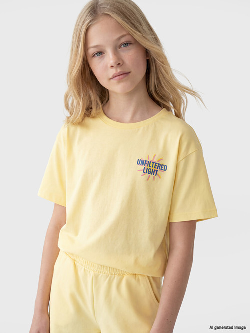 LCW Kids Sarı Bisiklet Yaka Baskılı Kız Çocuk Tişört
