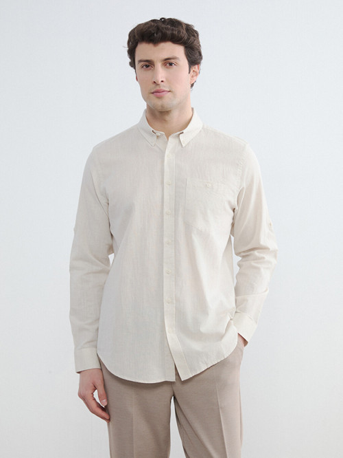 LCWAIKIKI Classic Bej Regular Fit Keten Karışımlı Erkek Gömlek