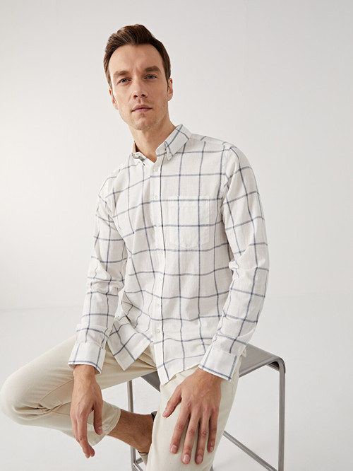 LCWAIKIKI Classic Beyaz Regular Fit Uzun Kollu Ekose Poplin Erkek Gömlek