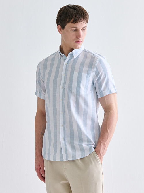 LCWAIKIKI Classic Mavi Regular Fit Kısa Kollu Çizgili Armürlü Erkek Gömlek
