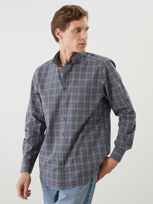 LCWAIKIKI Classic Gri Regular Fit Uzun Kollu Ekose Poplin Erkek Gömlek