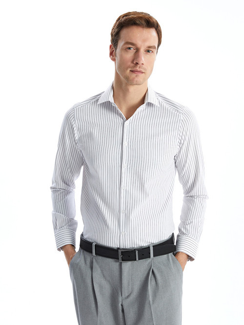 LCW BUSINESS Beyaz Slim Fit Uzun Kollu Çizgili Poplin Erkek Gömlek