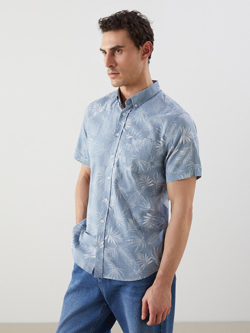 LCWAIKIKI Classic Mavi Regular Fit Kısa Kollu Desenli Poplin Erkek Gömlek