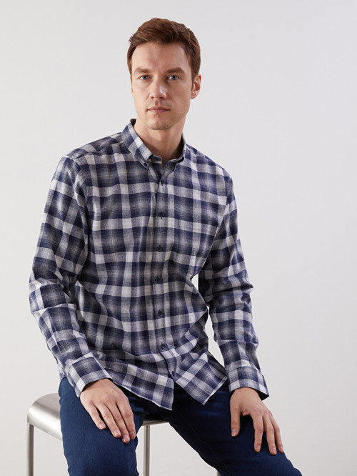 LCWAIKIKI Classic Lacivert Regular Fit Uzun Kollu Ekose Poplin Erkek Gömlek