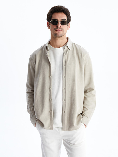 LCW Vision Bej Slim Fit Uzun Kollu Erkek Gömlek