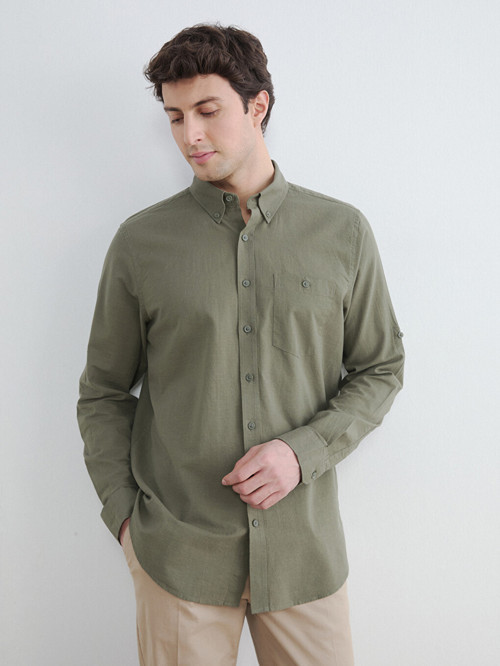 LCWAIKIKI Classic Haki Regular Fit Keten Karışımlı Erkek Gömlek