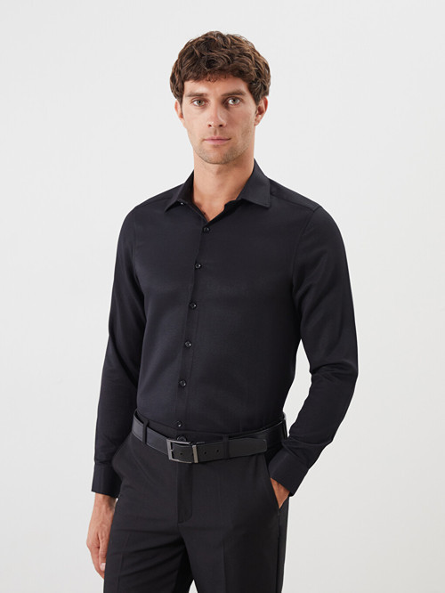 LCW BUSINESS Siyah Slim Fit Uzun Kollu Armürlü Erkek Gömlek