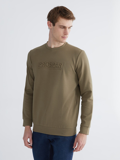 LCWAIKIKI Classic Haki Bisiklet Yaka Baskılı Erkek Sweatshirt