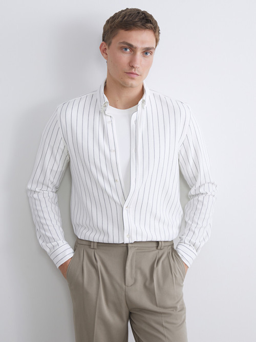 LCW Vision Ekru Slim Fit Uzun Kollu Çizgili Erkek Gömlek