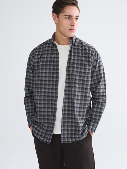 LCWAIKIKI Classic Kahverengi Regular Fit Uzun Kollu Ekose Gabardin Erkek Gömlek