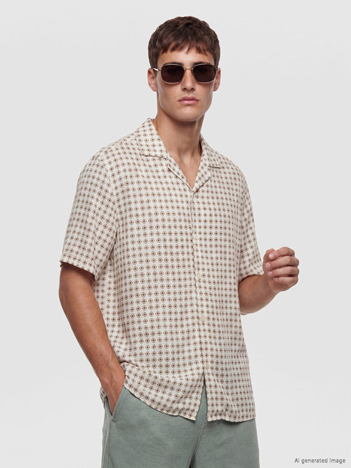 LCW Vision Ekru Regular Fit Desenli Viskon Erkek Gömlek