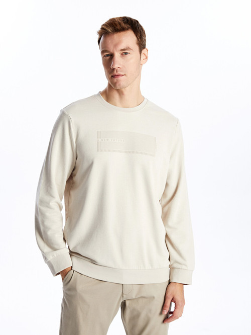 LCWAIKIKI Classic Bej Bisiklet Yaka Uzun Kollu Baskılı Erkek Sweatshirt