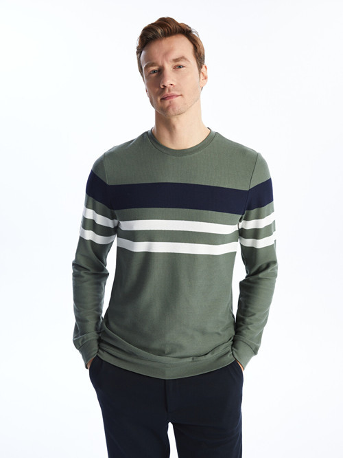 LCWAIKIKI Classic Yeşil Bisiklet Yaka Uzun Kollu Çizgili Erkek Sweatshirt