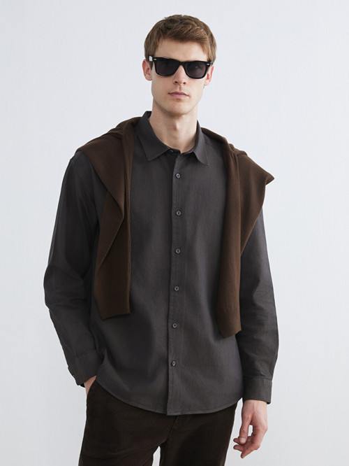 LCW Vision Kahverengi Regular Fit Uzun Kollu Gabardin Erkek Gömlek