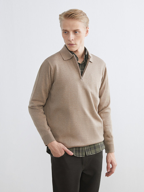 LCWAIKIKI Classic Bej Polo Yaka Erkek Sweatshirt