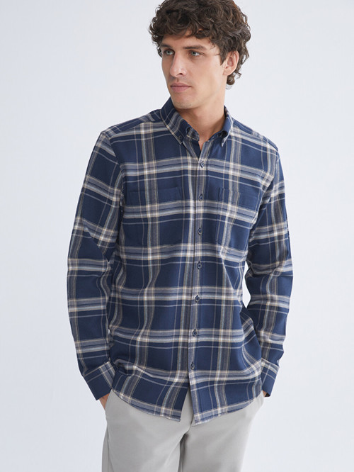 LCWAIKIKI Classic Lacivert Regular Fit Uzun Kollu Ekose Gabardin Erkek Gömlek