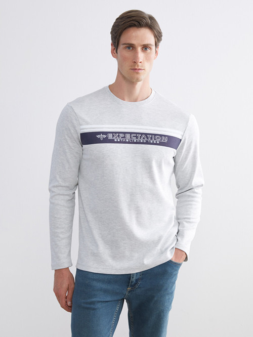 LC WAIKIKI Bej Bisiklet Yaka Baskılı Erkek Sweatshirt