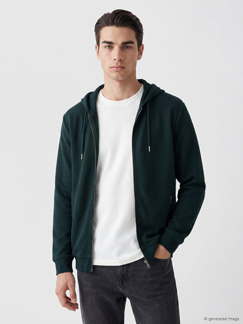 LCWAIKIKI Classic Petrol Kapüşonlu Erkek Fermuarlı Sweatshirt