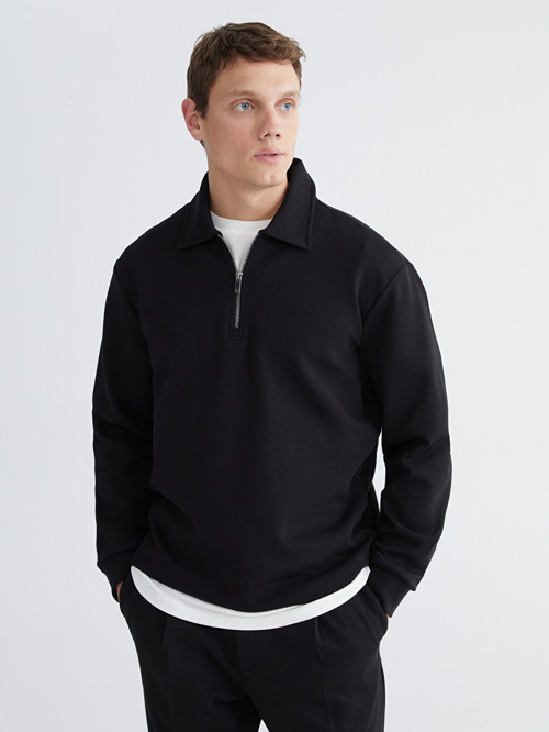 LCW Vision Siyah Polo Yaka Erkek Sweatshirt