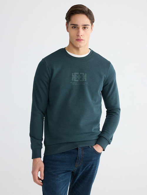 LCWAIKIKI Classic Petrol Bisiklet Yaka Baskılı Erkek Kalın Sweatshirt