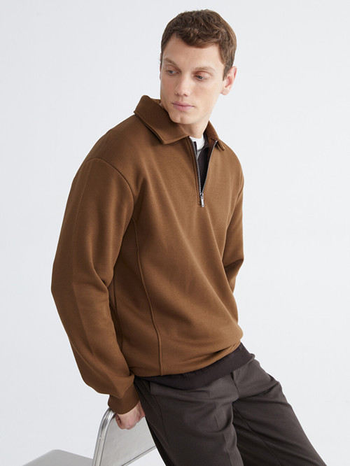 LCW Vision Kahverengi Polo Yaka Erkek Kalın Sweatshirt