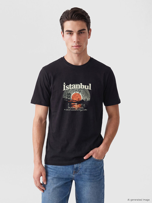 LCWAIKIKI Classic Siyah Bisiklet Yaka İstanbul Baskılı Erkek Tişört