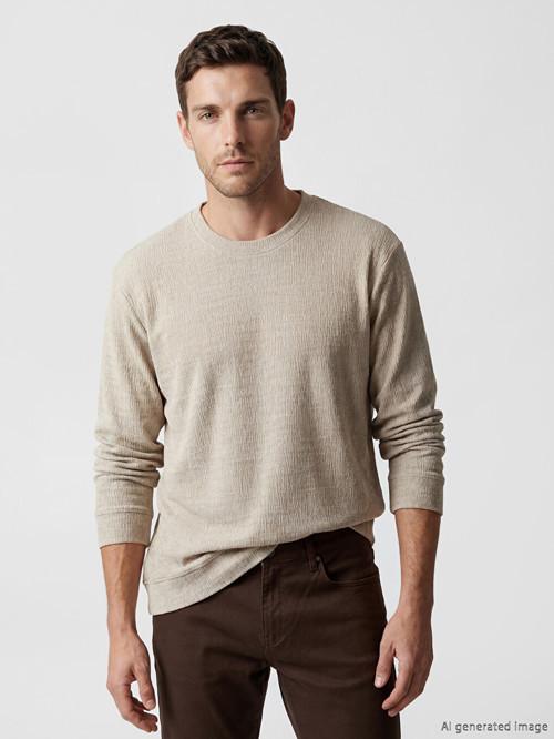 LCWAIKIKI Classic Bej Bisiklet Yaka Dokulu Erkek Sweatshirt