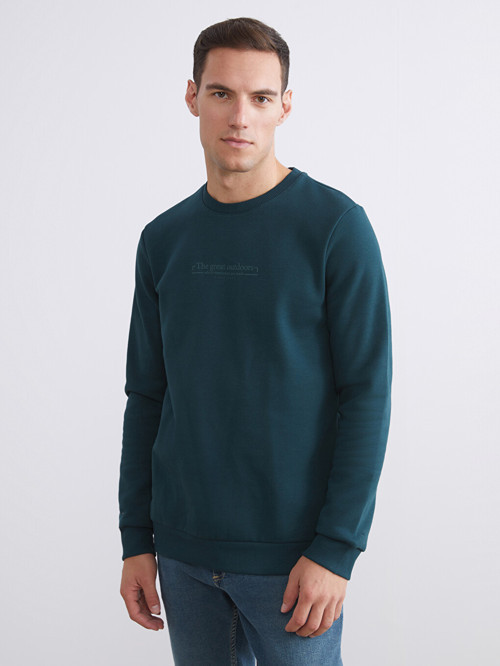 LCWAIKIKI Classic Yeşil Bisiklet Yaka Baskılı Erkek Kalın Sweatshirt