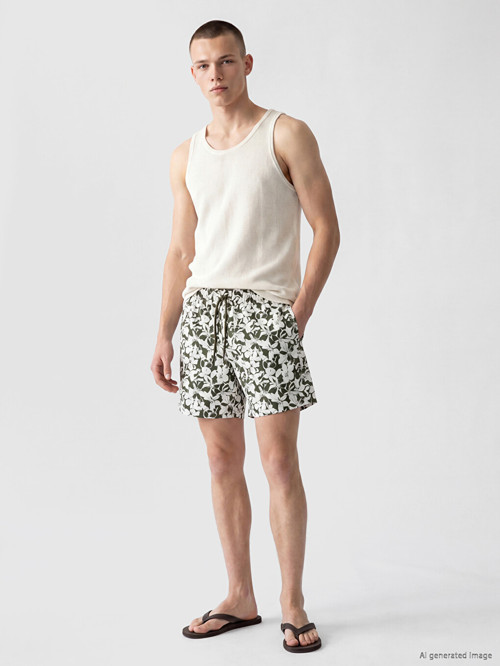 LCW SWIMWEAR Haki Kısa Boy Çiçek Desenli Erkek Deniz Şortu