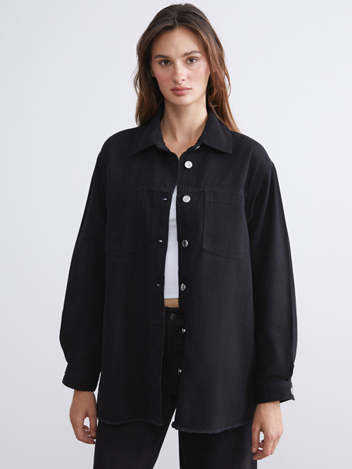 LCWAIKIKI Classic Siyah Gömlek Yaka Oversize Kadın Jean Ceket