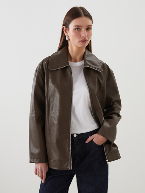 LCW Modest Haki Oversize Kadın Deri Görünümlü Ceket