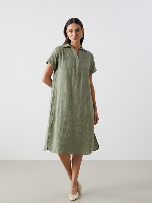 LCWAIKIKI Classic Yeşil Gömlek Yaka Oversize Müslin Elbise
