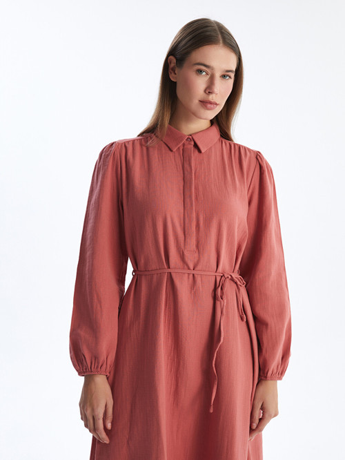 LCW Modest Pembe Gömlek Yaka Müslin Elbise