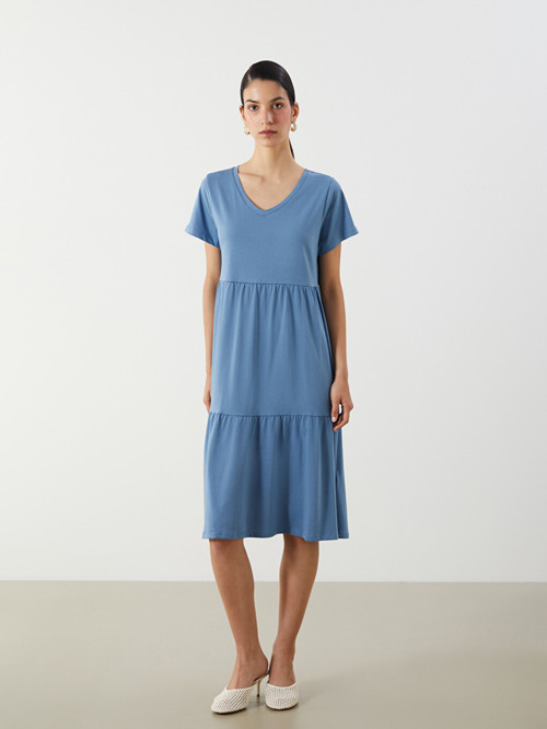 LCW Comfort Mavi V Yaka Elbise