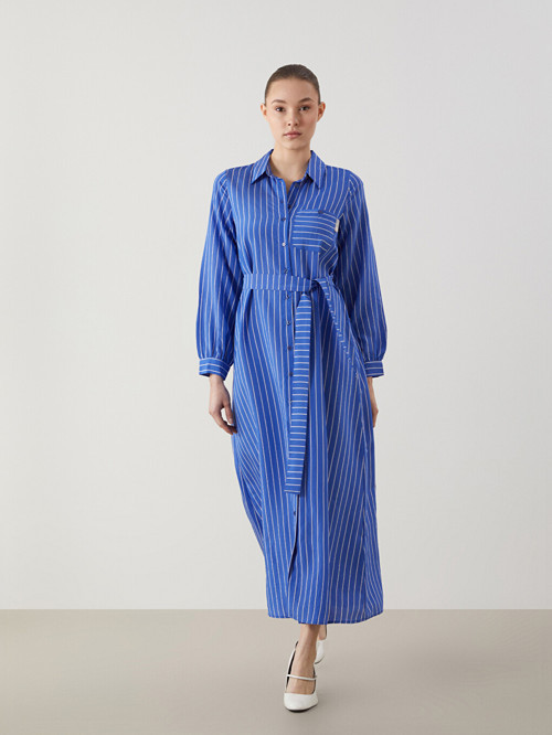 LCW Modest Mavi Çizgili Poplin Kadın Gömlek Elbise