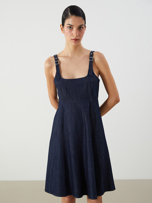 LCW Comfort İndigo Kare Yaka Mini Jean Elbise