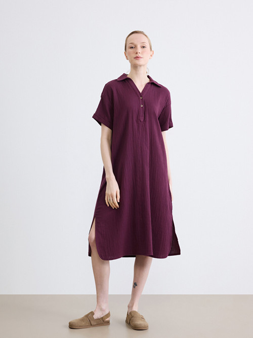 LCW EVERYDAY Mürdüm Gömlek Yaka Dokulu Oversize Müslin Elbise