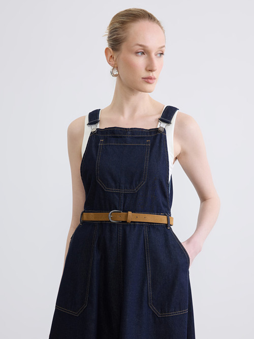LCWAIKIKI Classic İndigo Kare Yaka Beli Kemerli Jean Salopet Elbise