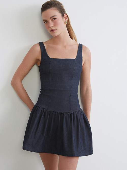 LCW Comfort İndigo Kare Yaka Pileli Mini Jean Elbise