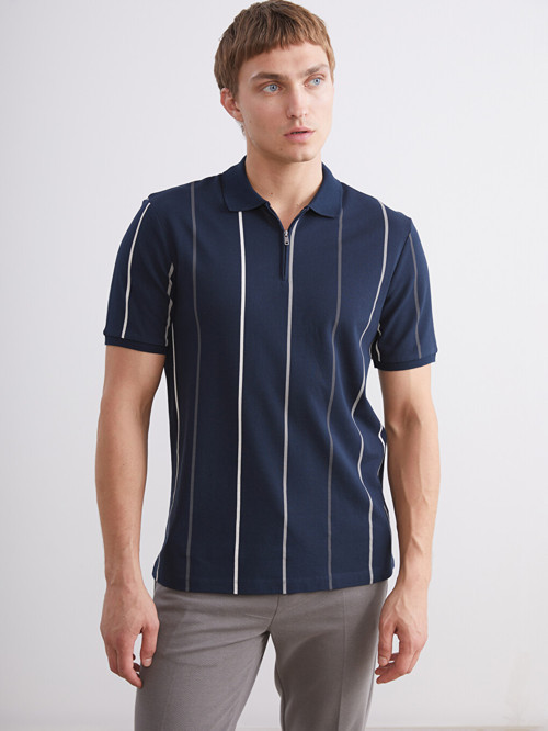 LCW Vision Lacivert Polo Yaka Çizgili Pike Erkek Tişört